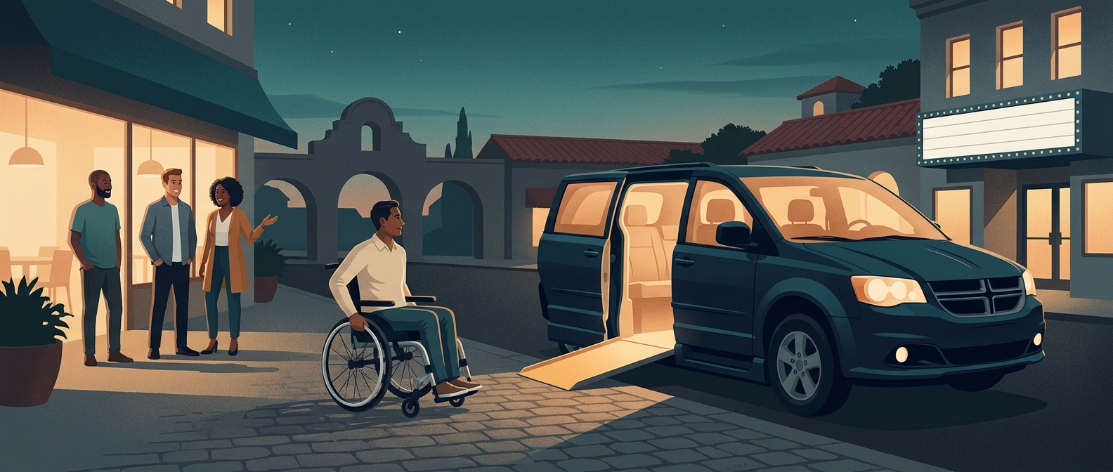AI generated image depicts independent evening participation, a wheelchair-accessible van with a deployed ramp, and recognizable Santa Barbara architectural cues.