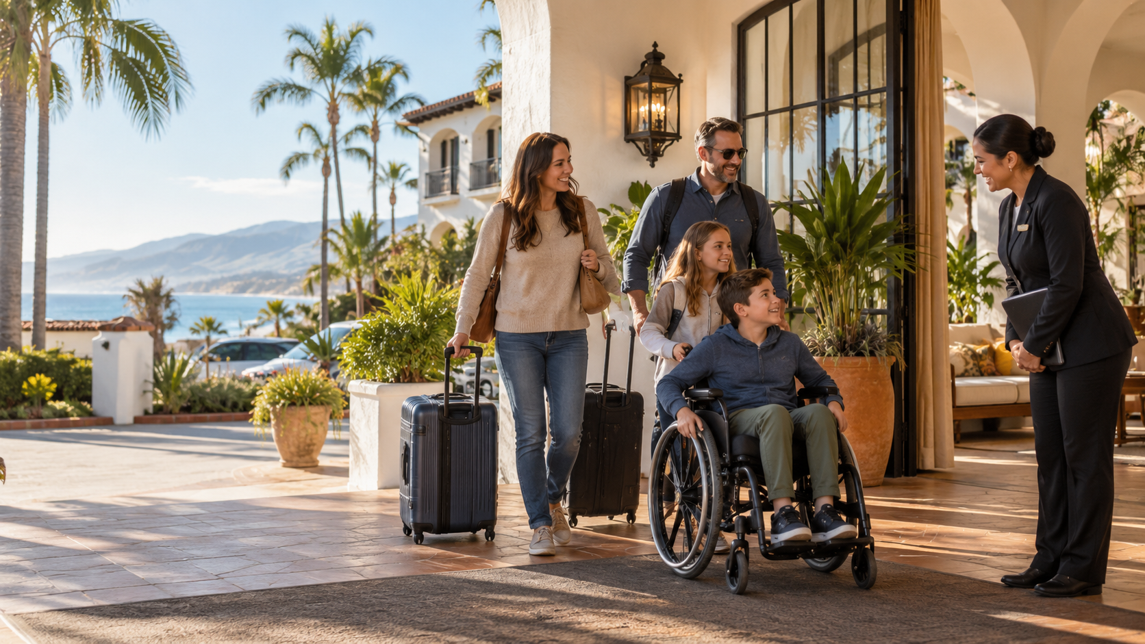 A family with a child who uses a wheelchair arriving through the accessible entrance of a coastal hotel.