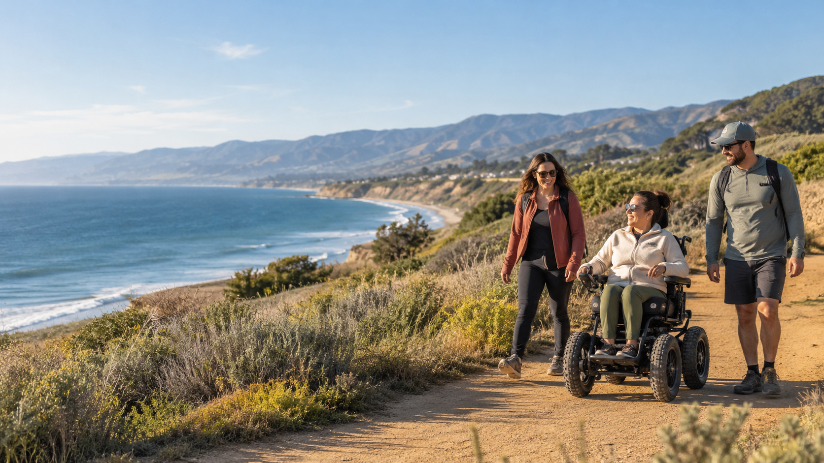 A person using an all-terrain mobility device travels along a coastal trail with two companions, with native grasses, coastal hills, and the Pacific Ocean in the distance.